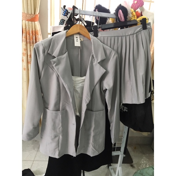 BIGSIZE Set áo vest blazer váy xếp li S278