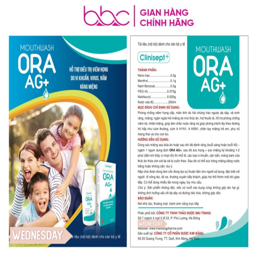 Nước súc miệng nano bạc ORA AG+ - khử mùi hôi miệng, ngừa nhiệt miệng, viêm họng 250ml