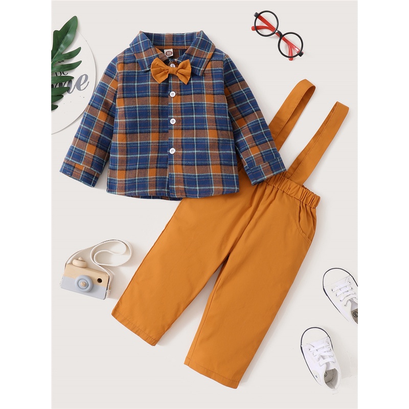 Bộ trang phục 2 món MIKRDOO áo sơ mi tay dài sọc ca rô quần hai dây phong cách lịch lãm thời trang tiệc tùng cho bé trai