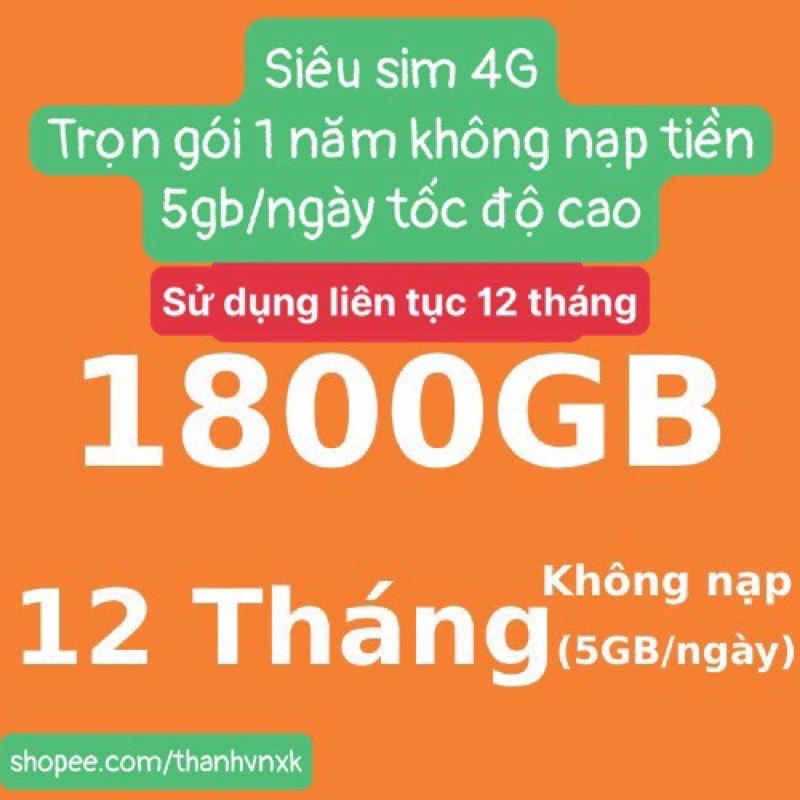 Siêu Sim Data 4G Vietnamobile Trọn Gói 1 Năm 5Gb/Ngày