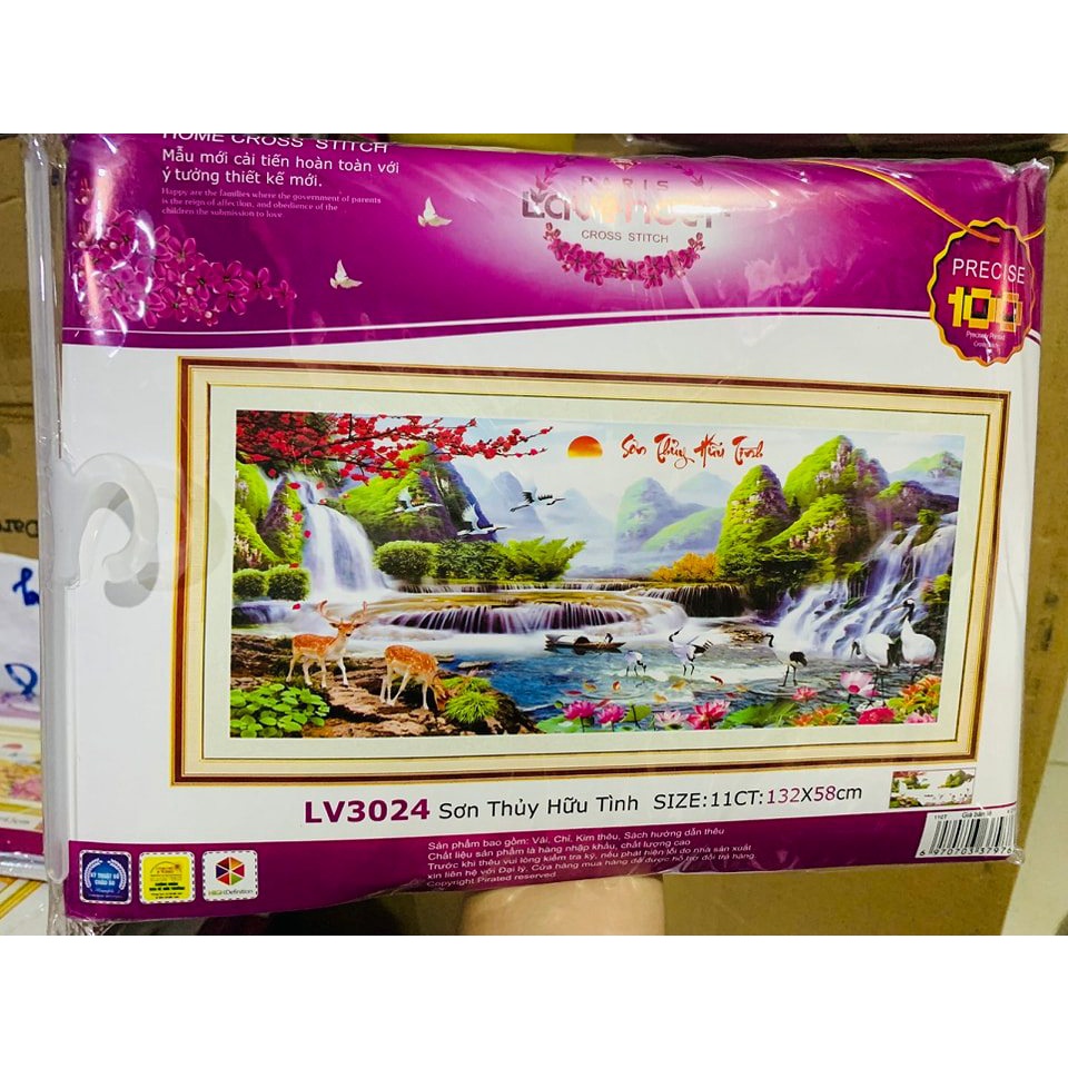 Tranh thêu chữ thập phong cảnh lưu thủy sinh tài KT:132x58cm, Tranh chưa thêu và chưa khung.