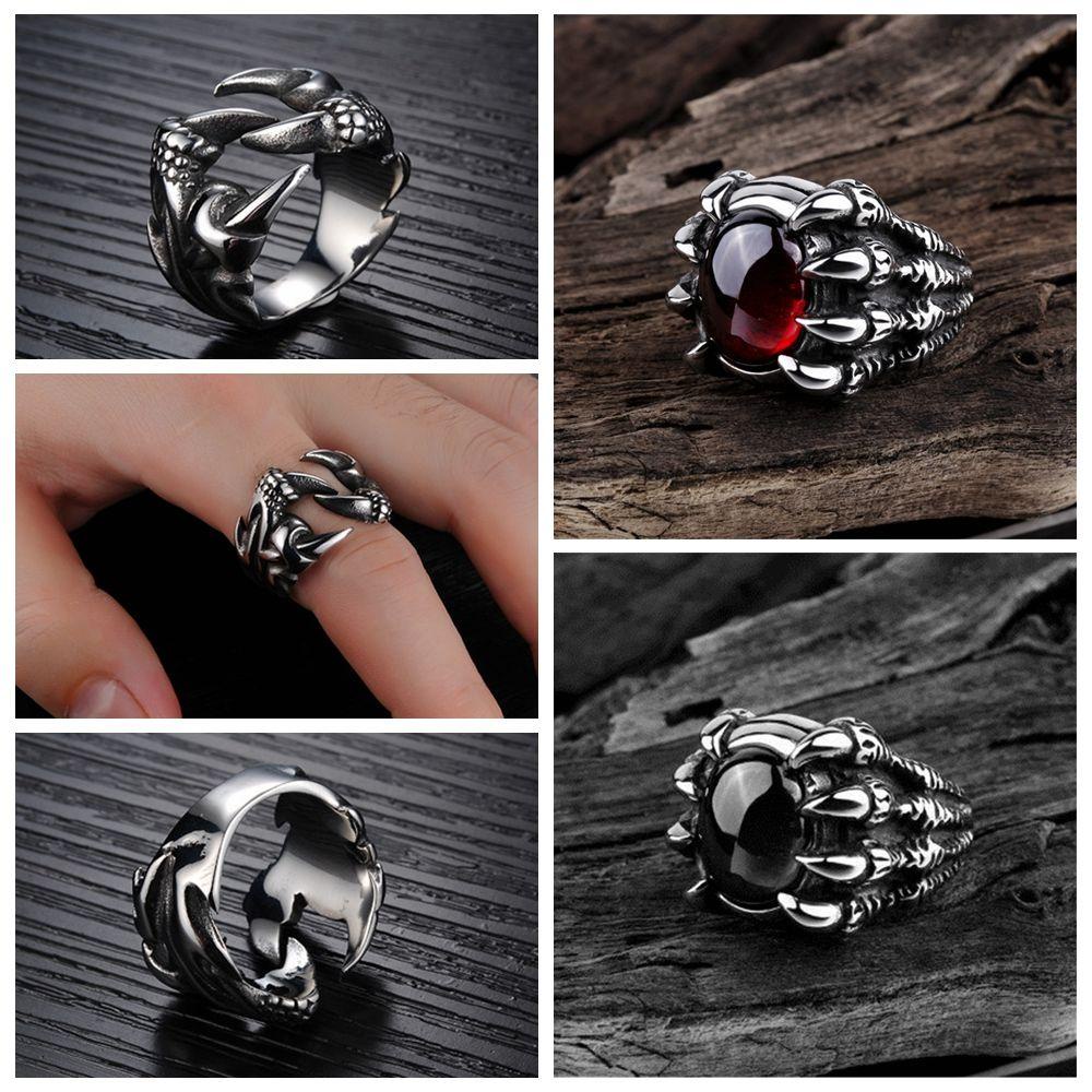 EUCA Nhẫn Hình Móng Vuốt Rồng Đính Đá Đỏ Phong Cách Hip Hop Gothic Thời Trang