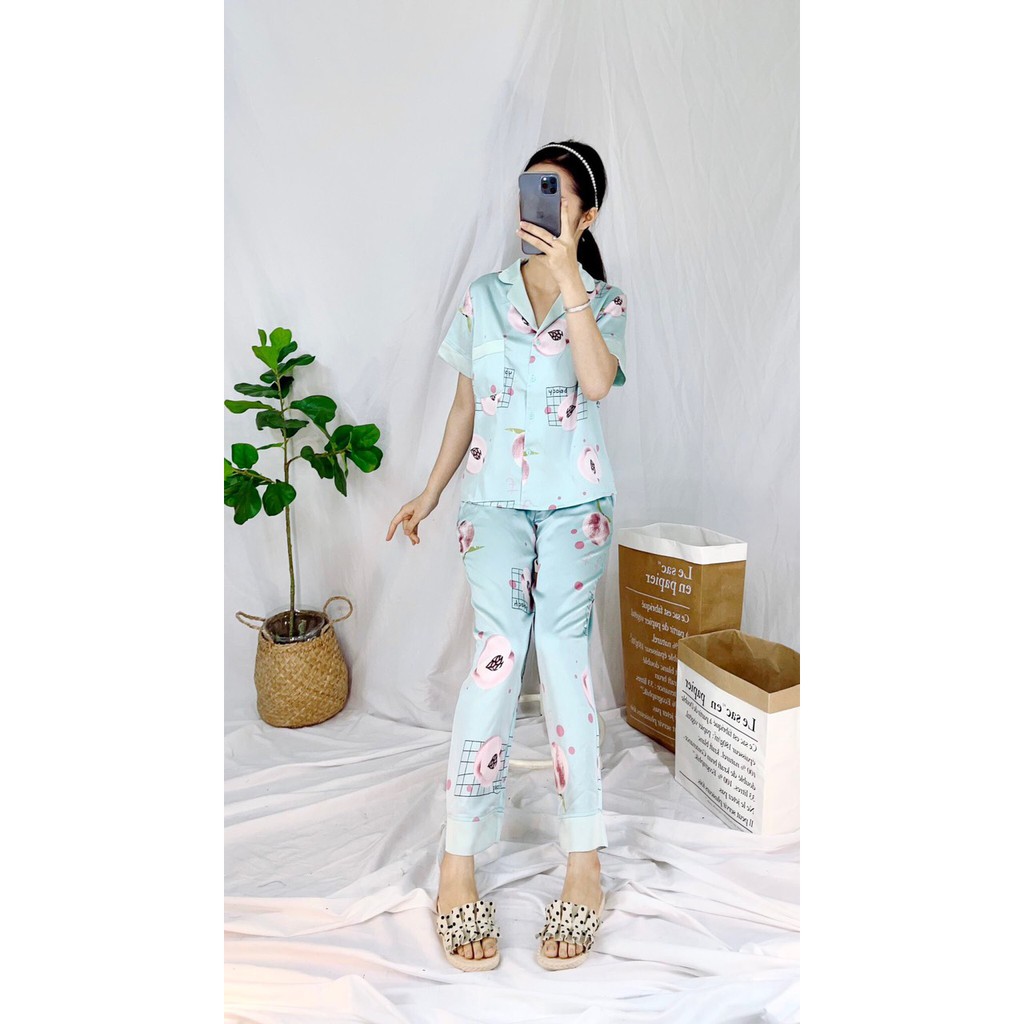 Bộ ngủ lụa Vic quần dài tay ngắn trái đào