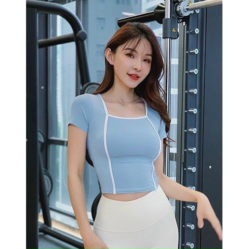 Áo Thun Thể Thao Nữ Tay Ngắn Phối Viền, Áo Croptop Trơn Cổ Vuông Nhiều Màu - OA020