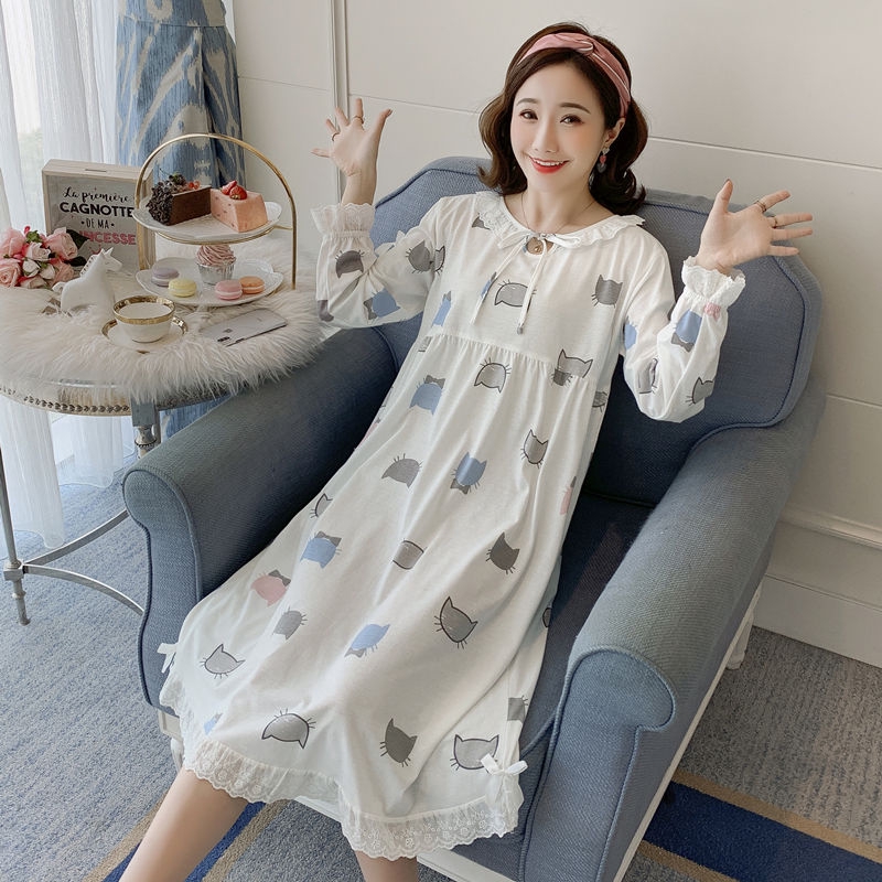 Đầm Ngủ Cotton Tay Dài In Hình Mèo Dễ Thương Cho Nữ