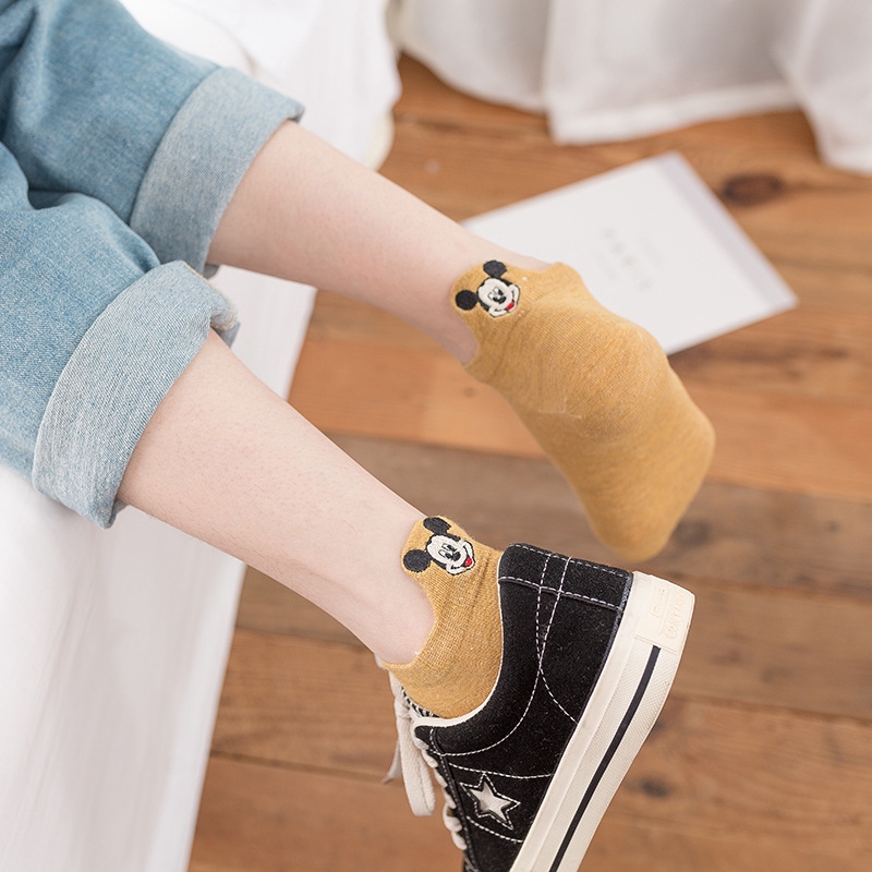 Set 5 Đôi Vớ Cotton Thêu Hình Chuột Mickey Xinh Xắn Dành Cho Nữ