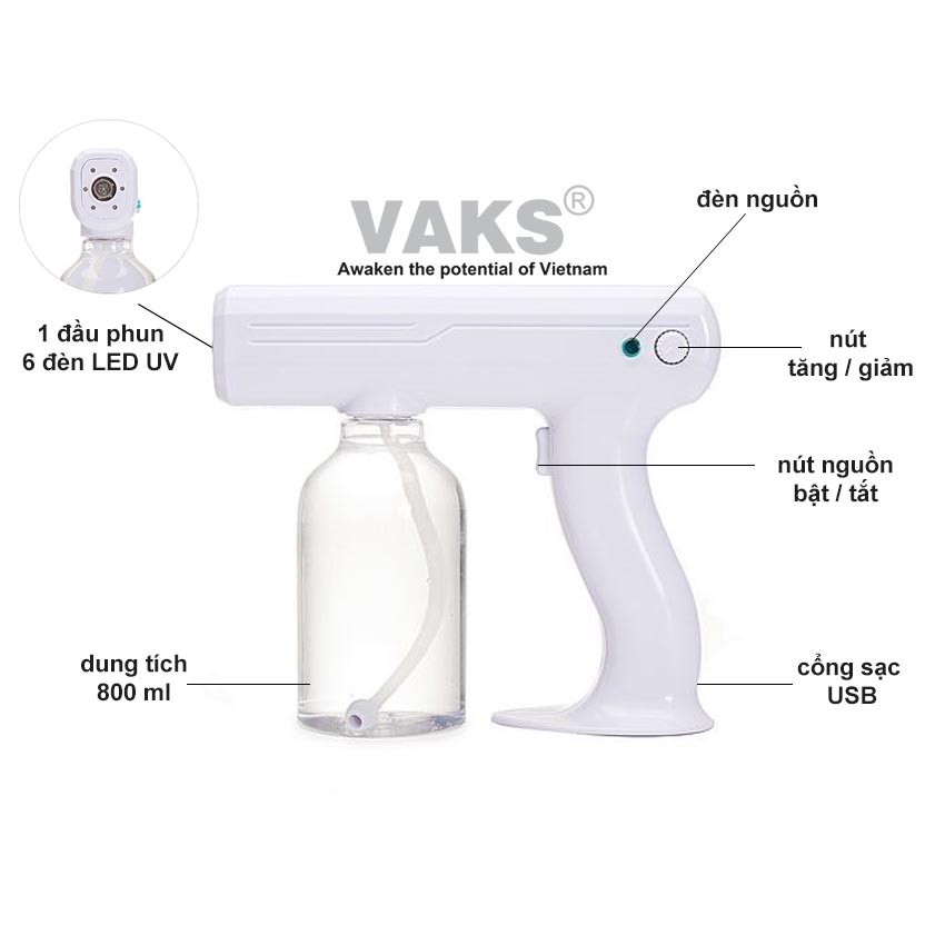 Máy Xịt Khuẩn Cầm Tay VG-802, Công Suất Mạnh, 6 Tia UV  Nano Blue Light - tia xịt nhiễn dạng hơi nước