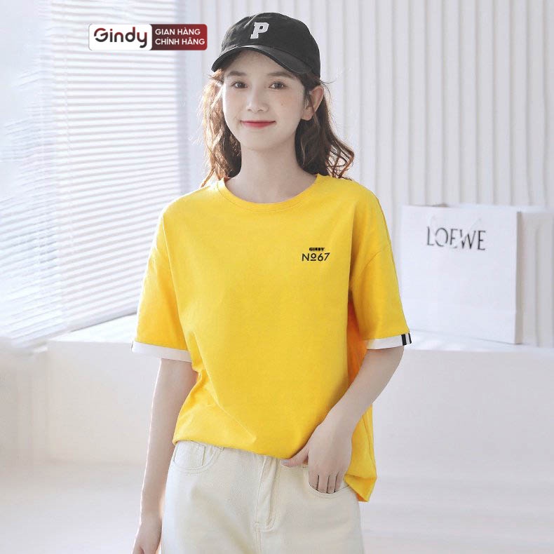 Áo thun form rộng tay lỡ nữ GINDY basic N067 cổ tròn dáng unisex vải cotton co giãn, thoáng mát A6142