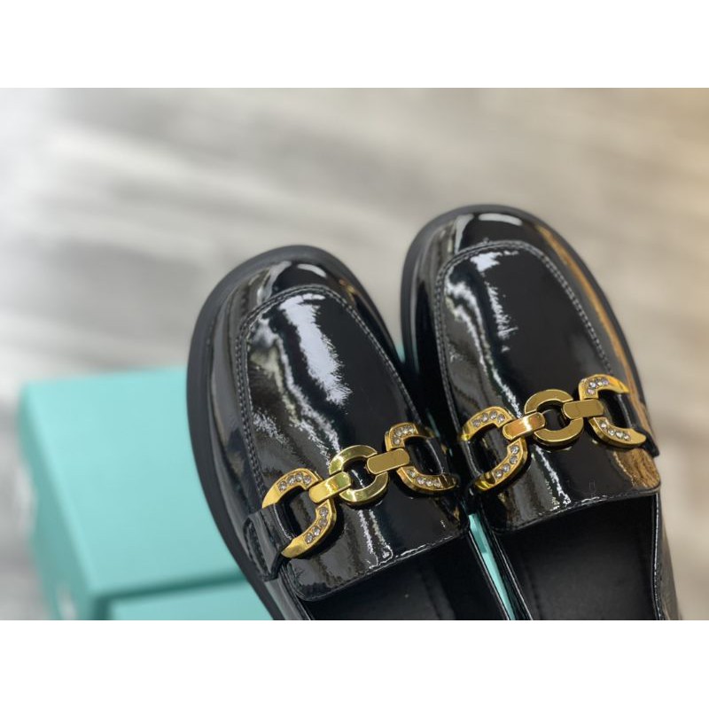 giày lười loafer nữ da thật mũi tròn đế 4cm quai xích ecco