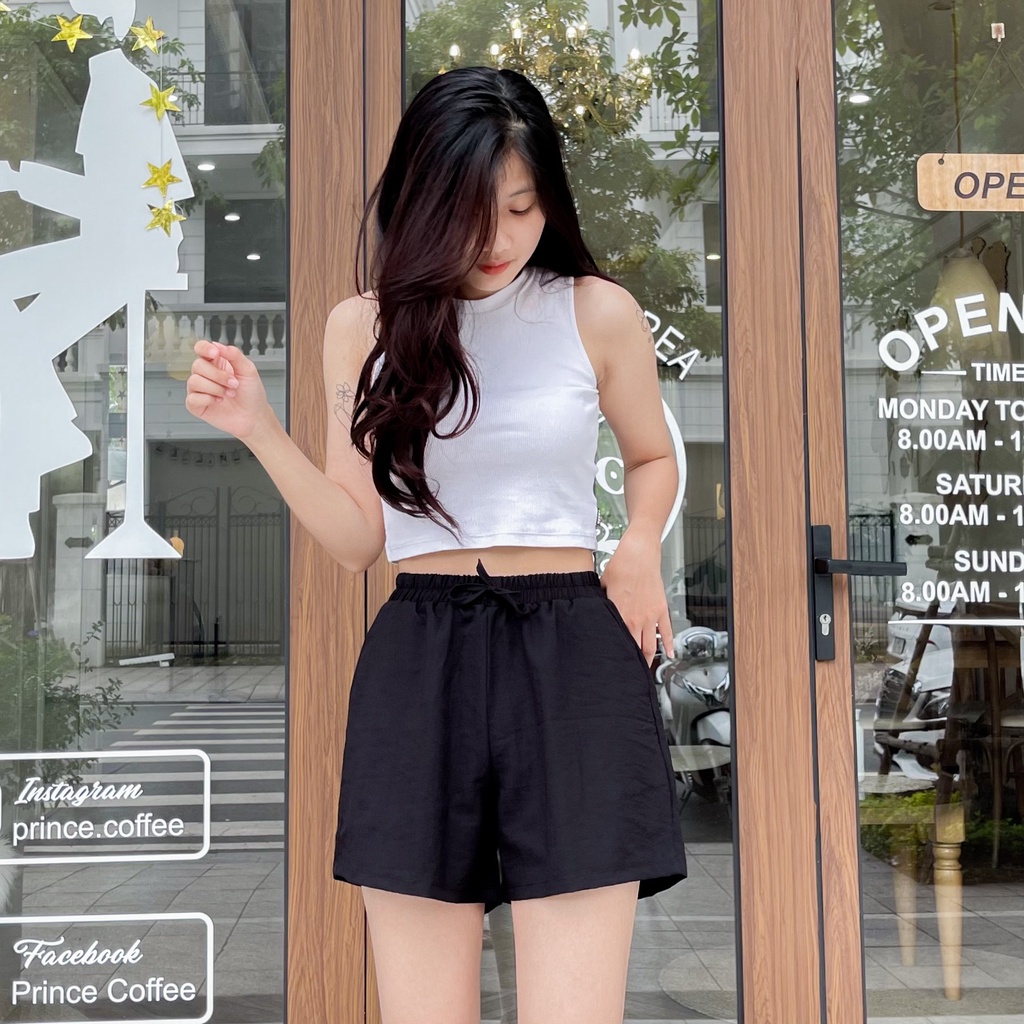 Quần đùi nữ lưng thun chất vải đũi quần short nữ cạp chun có túi vải đũi thoáng mát