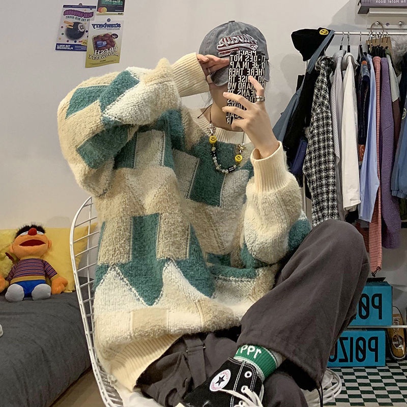 Áo Sweater Dệt Kim Dáng Rộng Kiểu Hồng Kông Retro Thời Trang Mùa Đông Cho Các Cặp Đôi