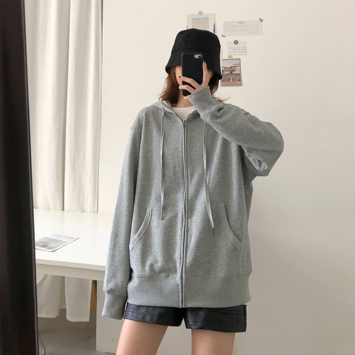 Áo Khoác Dài Tay Có Mũ Hoodie Form Rộng Phối Khóa Kéo Phong Cách Hàn Quốc