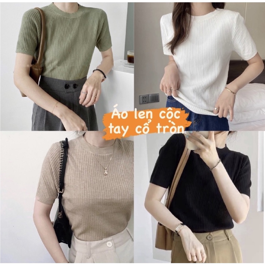 Áo thun len nữ tay ngắn cổ tròn, kiểu dáng Hàn Quốc, len tăm phối đẹp nhiều màu