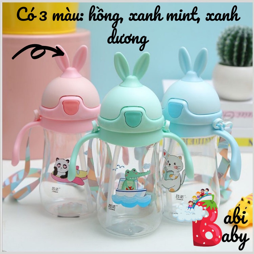 Bình nước cho bé chịu nhiệt có quai đeo nắp bật ống hút mềm mại cao cấp cute cho bé đi chơi đi học hình thỏ