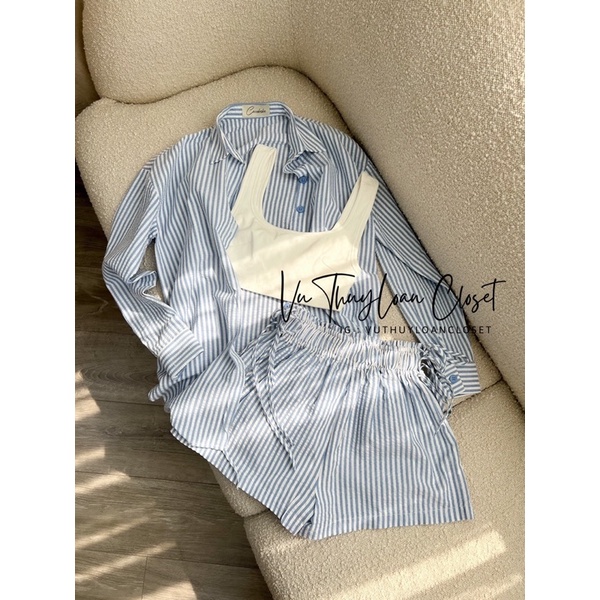 Set 3 món áo sơ mi khoác + bra coprop + quần sọc đi biển