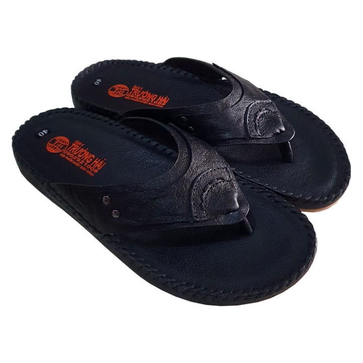 Dép nam quai ngang da bò màu nâu đế cao 3cm Trường Hải may viền chắc chắn DDN134