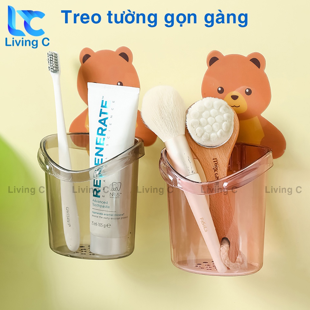 Ly cốc đựng bàn chải kem đánh răng Living C, giá kệ đựng đồ treo tường nhà tắm đa năng hình GẤU CUTE _CGC