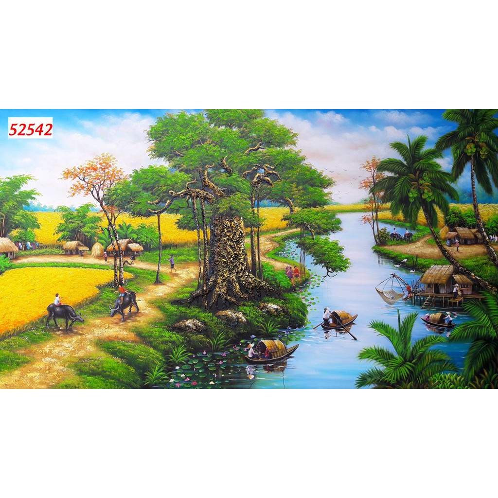Tranh Đồng Quê Vải Lụa 3D Dán Tường Cao Cấp