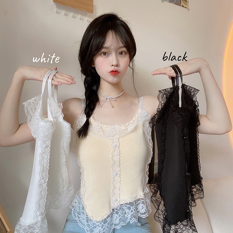 Áo Hai Dây Dệt Kim Ôm Dáng Phối Ren Thời Trang Cho Nữ