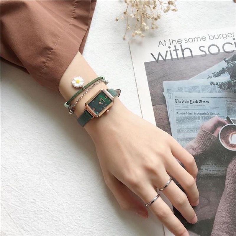 Đồng hồ nữ Ulzzang UL22 măt ám xanh chữ nhật tuyệt đẹp, dây da mềm đeo êm tay nhiều màu dể dàng phối đồ