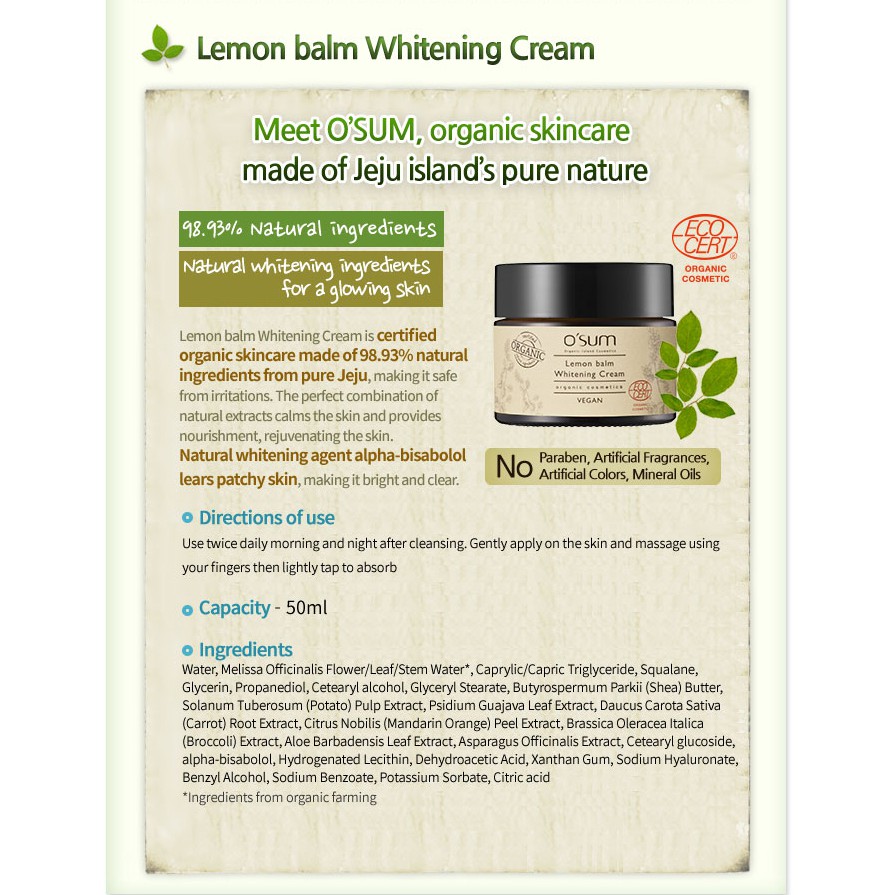 Kem Dưỡng Trắng Chuyên Sâu Osum Organic Lemon Balm Whitening Cream 50ml