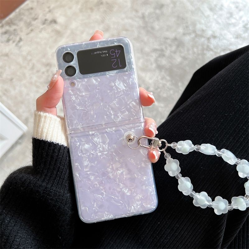 Ốp Samsung Z Flip 4 - ZFlip3 - Z Flip4 - Flip3 5G vân đá lấp lánh kèm dây đeo hạt hoa acrylic dễ thương