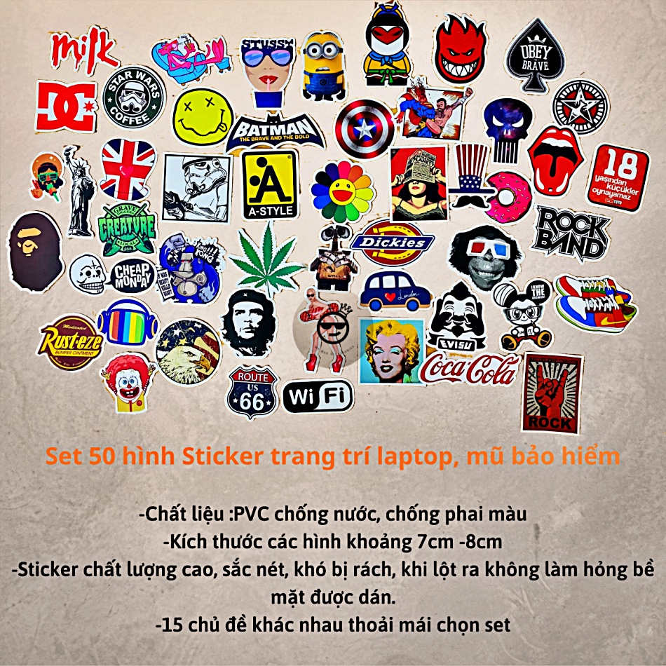 Set 50 hình dán Sticker cute chống thấm nước dán mũ bảo hiểm, sticker dễ thương trang trí laptop,Sticker anime giá rẻ