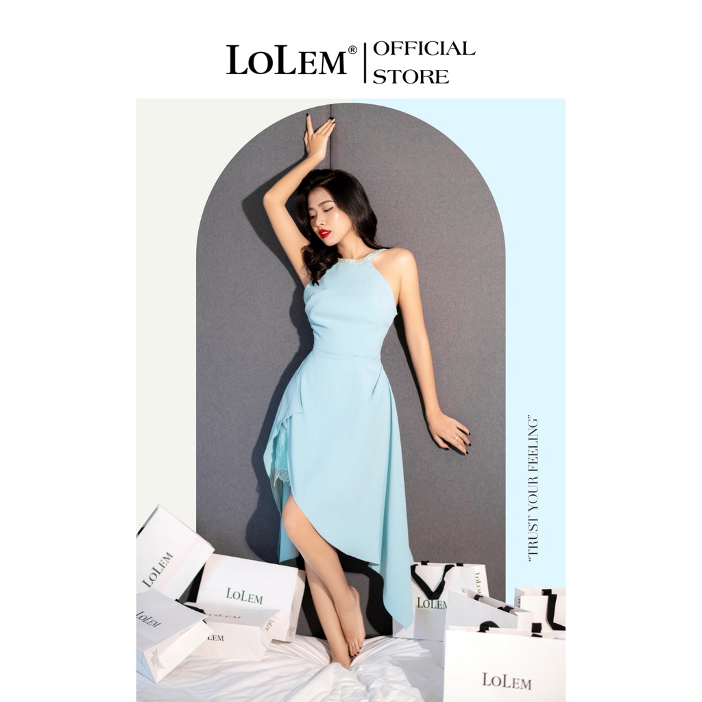 Đầm nữ đầm dự tiệc LOLEM DX323 thiết kế cổ yếm đính đá pha lê cao cấp