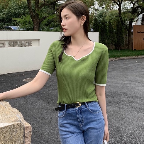 Áo Dệt Kim Ngắn Tay Cổ Vuông Màu Sắc Tương Phản Thời Trang