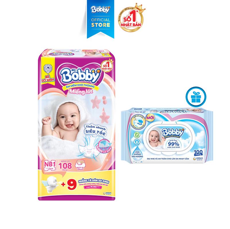 Combo Bobby: 1 Miếng lót siêu thấm Newborn 1 - 108 miếng (cộng 9 miếng)  và 1 Gói khăn ướt trẻ em không hương 100 tờ