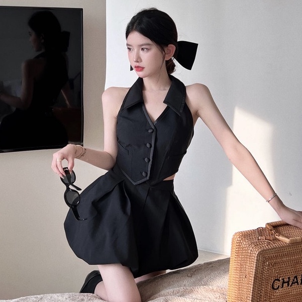 Bộ Áo Không Tay Dáng Ôm + Chân Váy Chữ A Lưng Cao Màu Đen Thời Trang Mùa Hè Quyến Rũ Cho Nữ