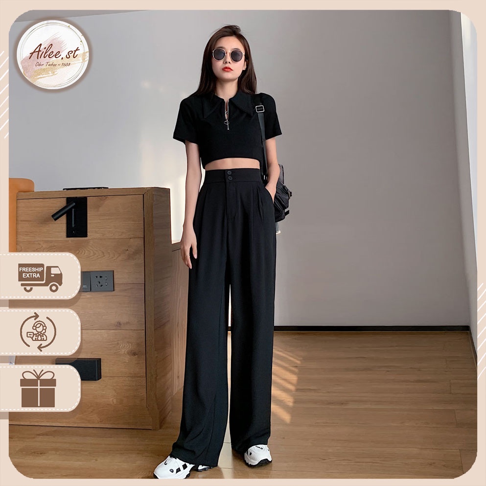 QNU 007A1 Quần Nữ Culottes Ống Rộng Suông Dài Chất Dày Cao Cấp Lưng Cao Cài Hai Nút Cạp Cao Kéo Dáng Ailee