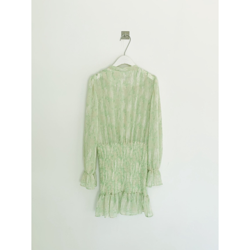 Váy MORAN voan hoa xanh loang dài tay thon eo thun ôm body điệu đà gợi cảm style Hàn Quốc