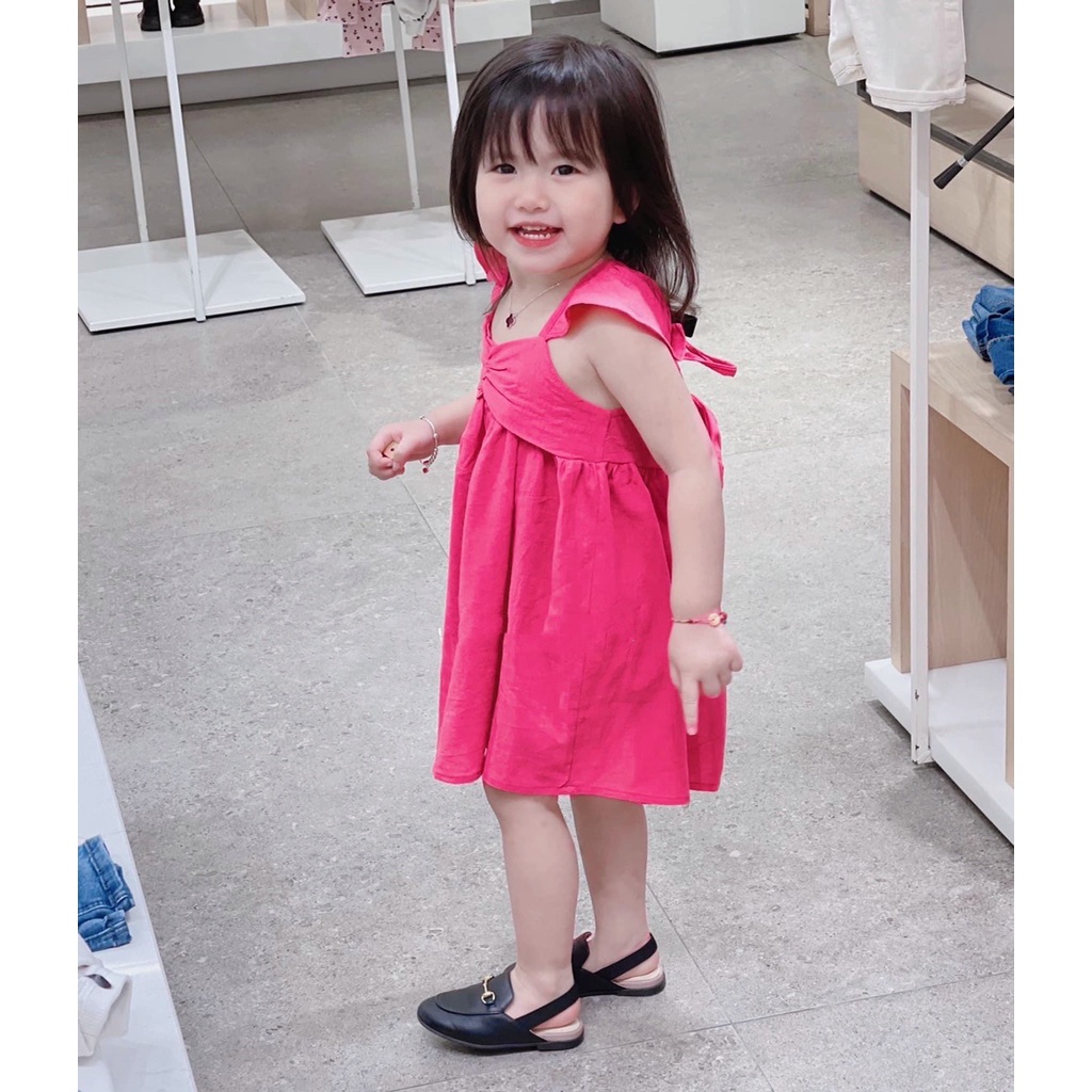 Váy 2 dây cánh tiên đính nơ lưng cho bé gái, váy cánh tiên chun ngực chất đũi sần cara mát mẻ cho bé