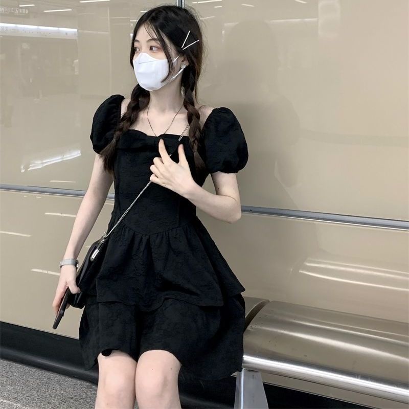 Đầm Công Chúa Dáng Ôm Cổ Vuông Màu Đen Thời Trang Mùa Hè Cho Nữ