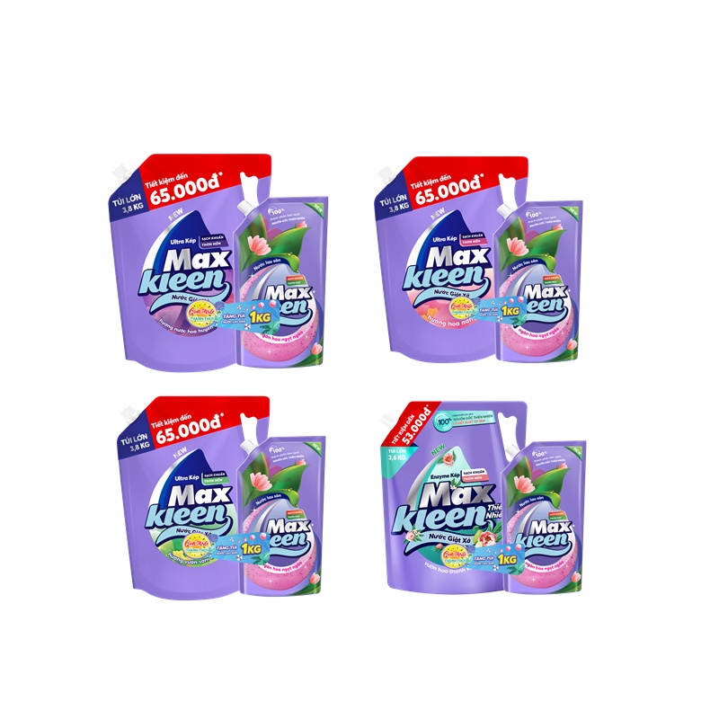 Combo Túi nước giặt xả MaxKleen 3.8kg/3.6kg + Túi lau sàn MaxKleen 1kg ngàn hoa ngọt ngào
