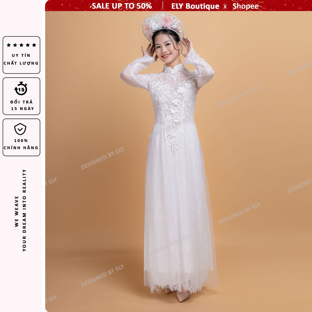 Áo dài cưới truyền thống ELY Boutique 3 lớp 6 tà kết đính hoa nổi sang trọng ELR10
