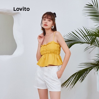 819 VN Delisted Áo Lovito dáng ôm kiểu đai chun viền xếp nếp màu trơn dễ thương L04074 (màu vàng)