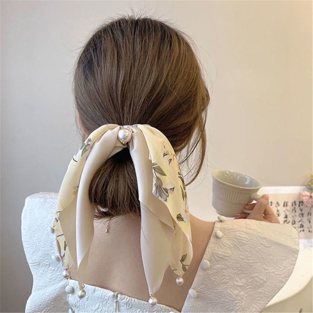 Dây Cột Tóc Ruy Băng Dài Đính Hạt Ngọc Trai Họa Tiết Hoa Thời Trang Mùa Hè