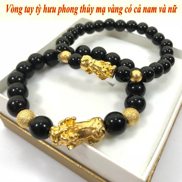 Vòng tay đá đen phong thủy mix tì hưu vàng hút tài lộc may mắn đủ size