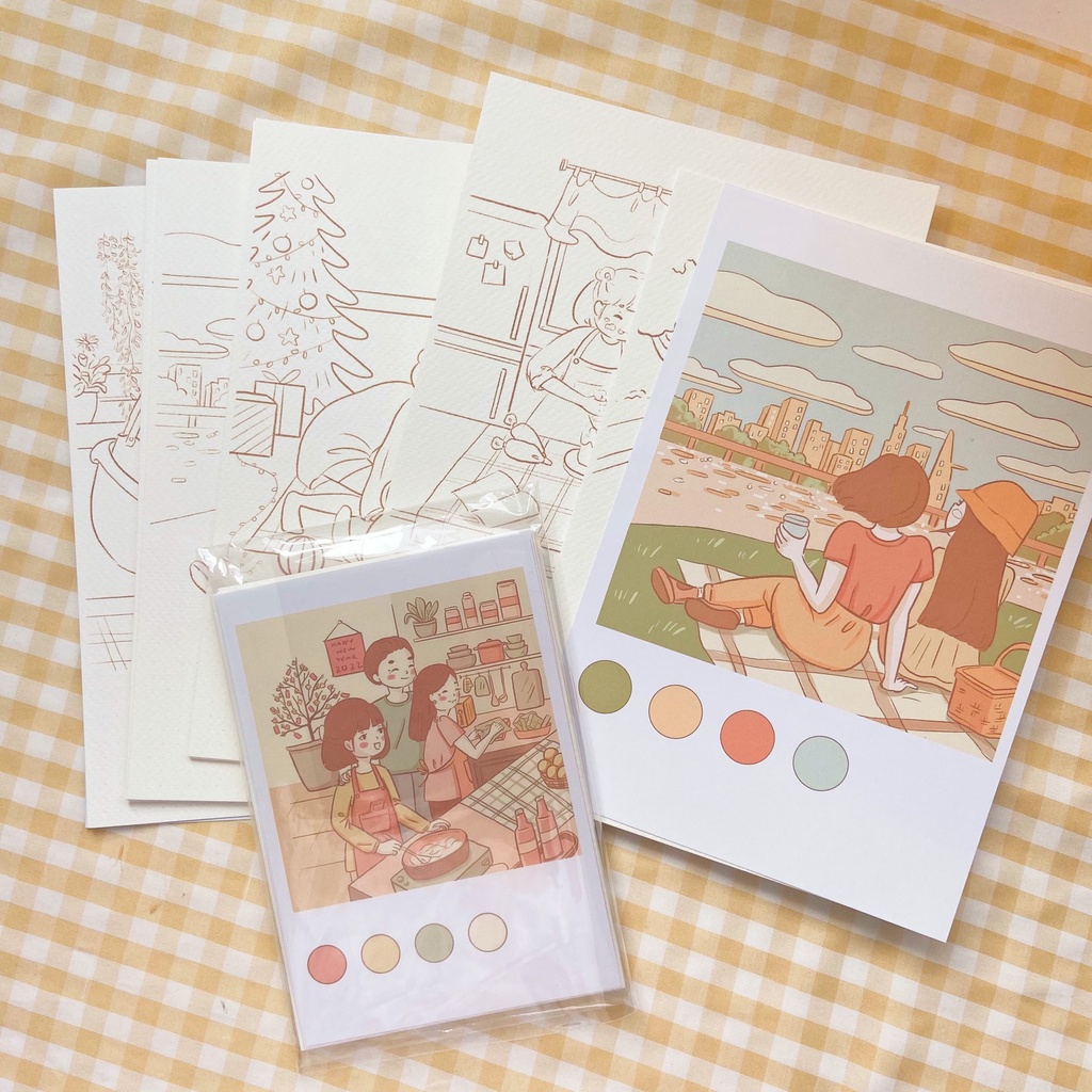 [Tranh Họa sĩ] Postcard tô màu Self-Art - "Câu chuyện 12 tháng " từ Chono.phm , có lịch để bàn, giấy ColdPress, 300gsm