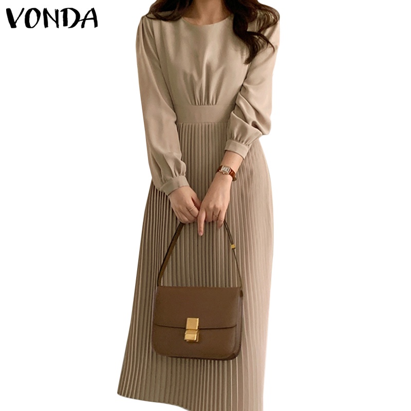 Đầm VONDA dáng dài cổ tròn tay dài mà trơn xếp ly thời trang Hàn Quốc thường ngày cho nữ