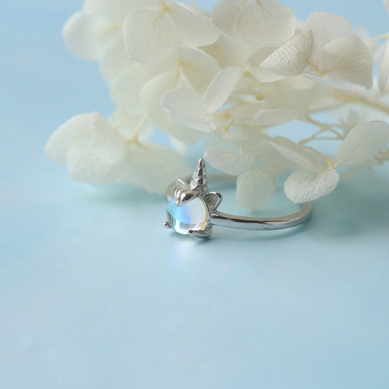 Nhẫn đá pha lê hình kỳ lân xinh xắn cho nữ Unicorn Ring Korea Crystal Opening Silver Rings Women Jewelry