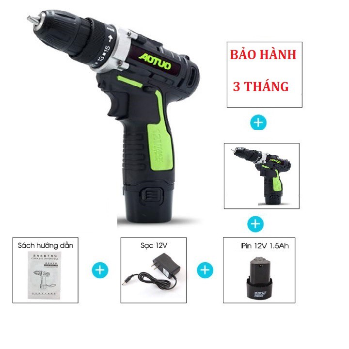 Bộ Máy khoan vặn vít không dây Aotuo 12V tốc độ có đảo chiều tặng them 1 pin dự phòng
