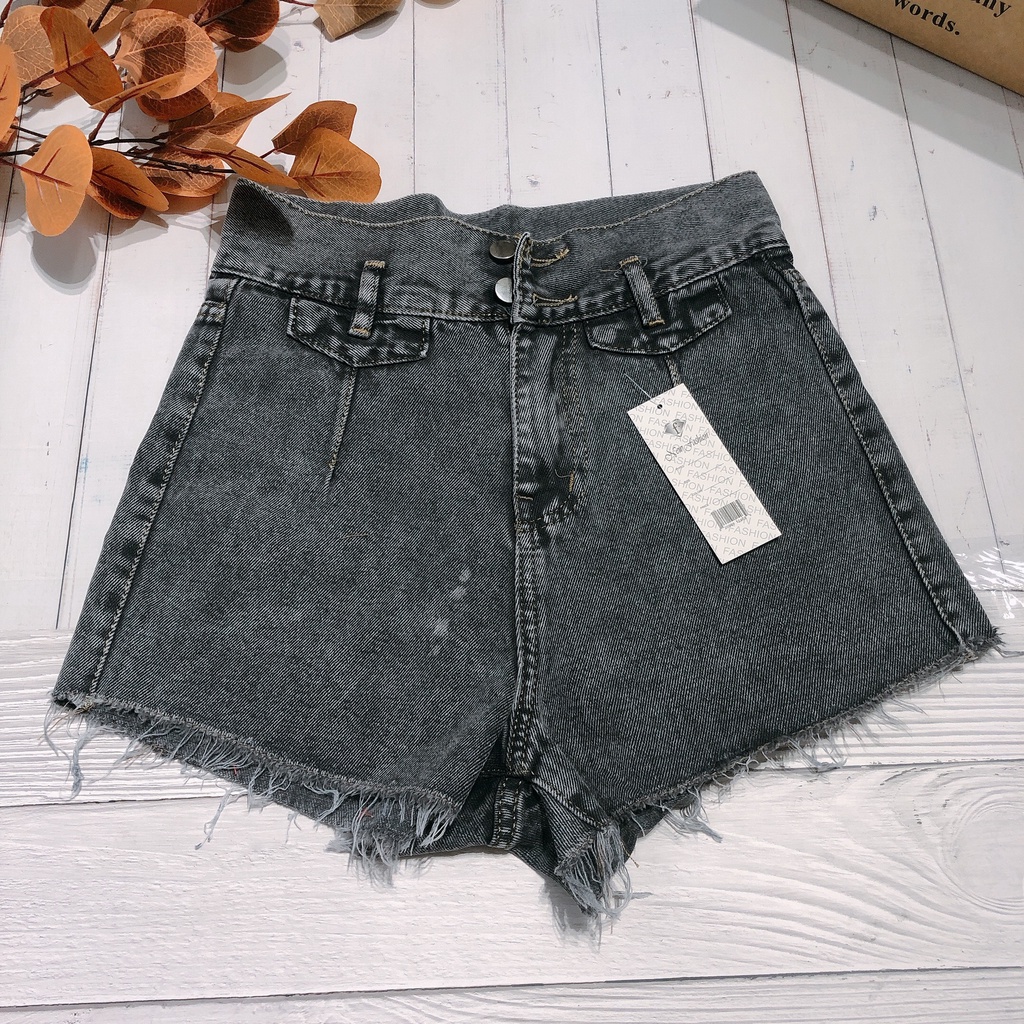 Quần short jean nữ lưng cao phối rách denim cotton, rin ngắn phối rách 02