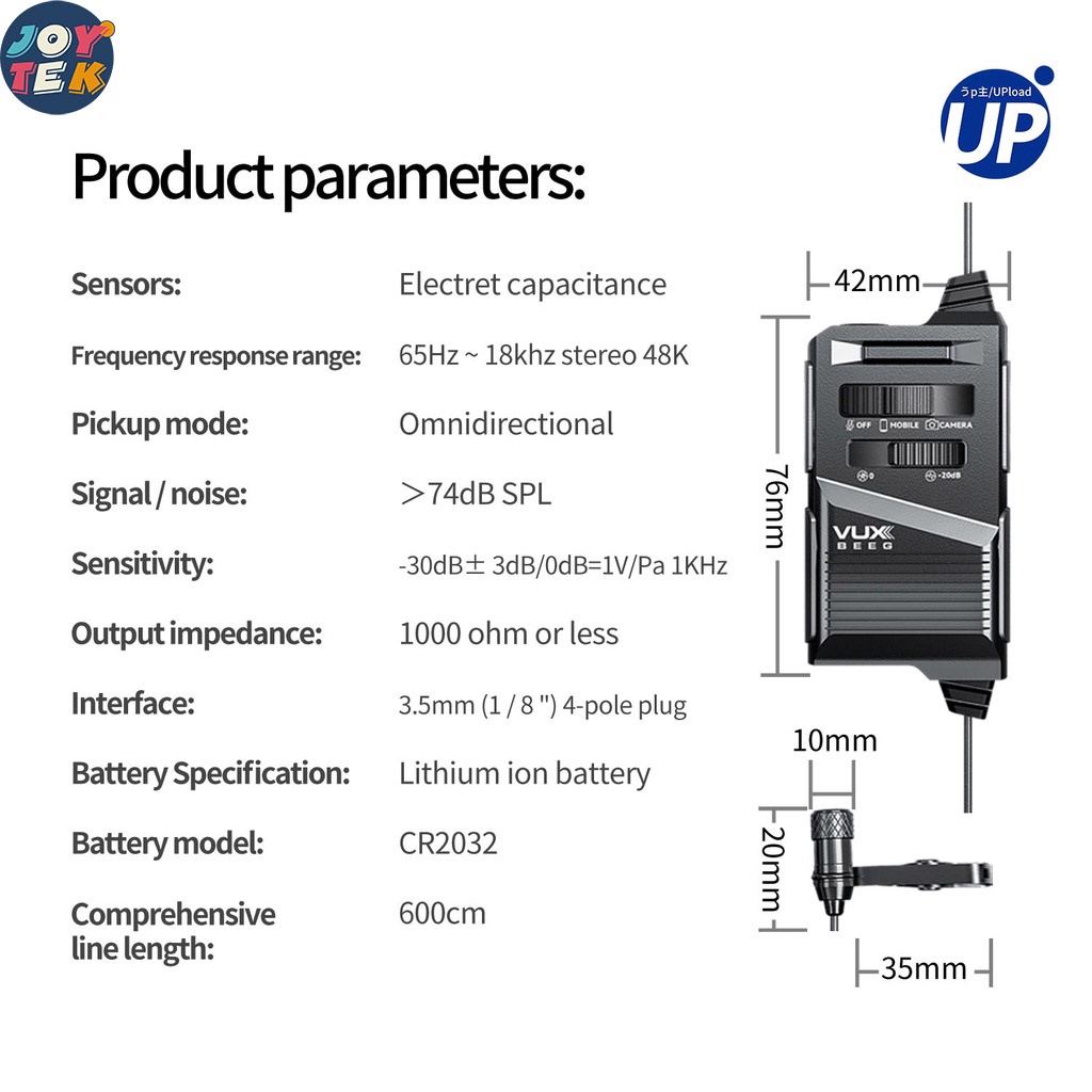 Micro thu âm Plextone VUXBEEG UP10, micro cài áo ghi âm đa hướng cho điện thoại/máy tính DSLR chất lượng cao