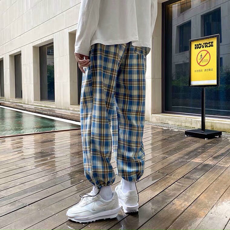 Quần Baggy Nam Unisex Kẻ CARO Plaid Ống Ôm Pants Basic, kiểu quần vải kẻ caro form rộng chất kaki