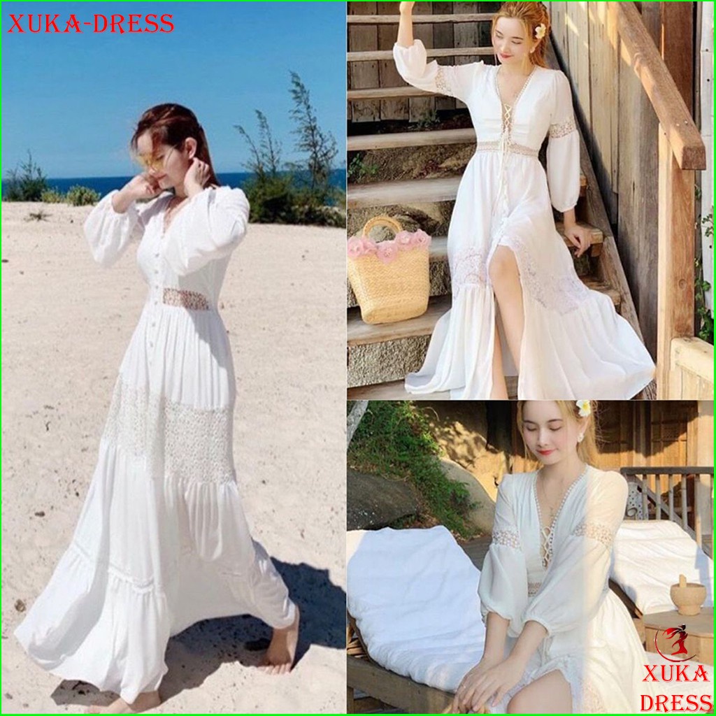 ◐Đầm maxi nữ sẻ tà trắng ren dáng dài tiểu thư công chúa đi biển thích hợp chụp hình kỉ yếu nàng thơ xinh đẹp