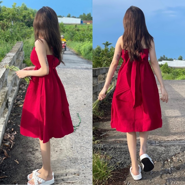 Đầm hai dây babydoll cột nơ lưng cao cấp ( hình chính chủ ) PLD19