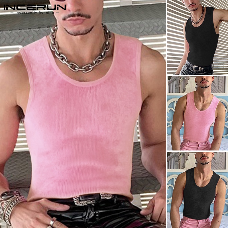 Áo ba lỗ nam INCERUN dệt kim màu trơn cổ tròn dáng ôm đơn giản thời trang